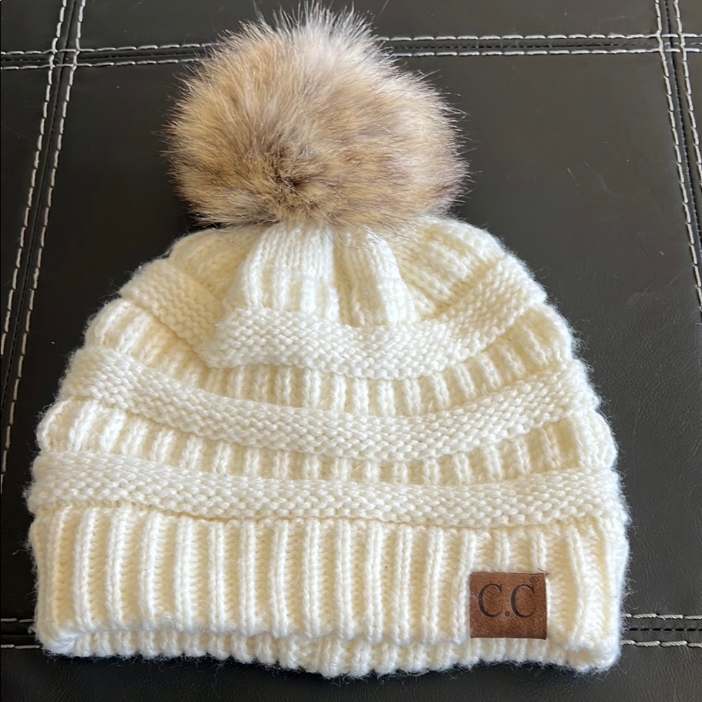 C.C Cream Knit Beanie with Faux Fur Pom